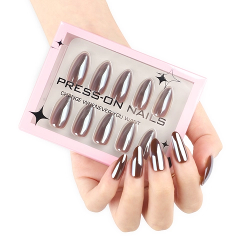 Almond Press On Nails Braun Spiegel Chrom Metallic Finish Falsche Nägel Einfarbig Glänzend Full Cover Maniküre Für Frauen