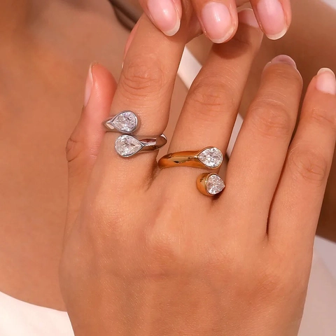 Waterdruppel Verstrengelde Open Ring Roestvrij Staal 18K Verguld Peer Zirkonia Verstelbare Sieraden Voor Vrouwen