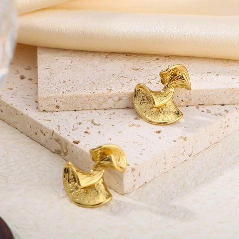 Irregular Geometric Stud Earrings 18K Gold Plated Stainless Steel Hammered Texture Distorted Vintage Style For Women