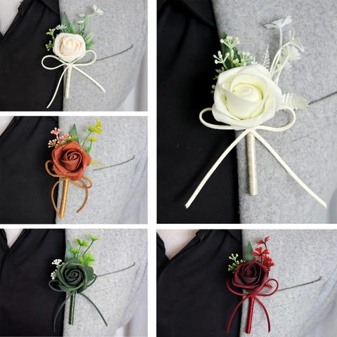 Künstliche PE Rose Ansteckblume Mit Grünem Band Für Hochzeit Bräutigam Braut Formelle Business Elegante Corsage
