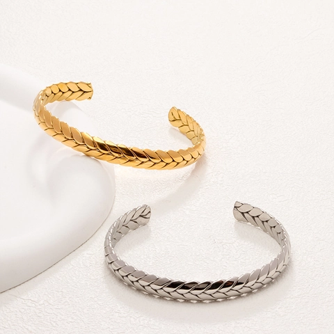 Stainless Steel Wheat Spike Open Bangle Bracelet Ring For Women Men Gold Steel Color Vintage Fashion Jewelry Gift