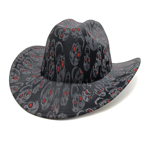 Western Cowboy Hoed Polyester Allover Schedel Print Rode Glitter Ogen Brede Rand Halloween Feest Cosplay Voor Heren Dames