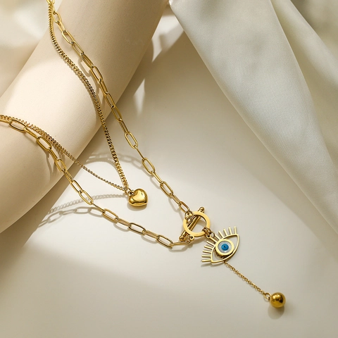Double Layer Evil Eye Heart Pendant Necklace Gold Plated Stainless Steel Paperclip Chain OT Clasp For Women