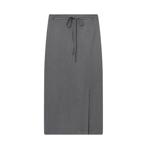 Elegant High Waist Midi Skirt Women Grey Polyester Tie Waist With Belt Side Slit Straight Fit Office Streetwear