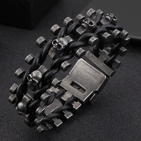 Men Skull Bracelet 316L Stainless Steel And Braided Leather Punk Gothic Retro Heavy Biker Style Jewelry