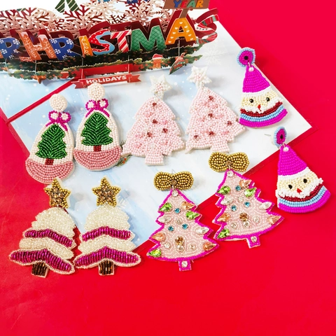 Handmade Beaded Christmas Earrings For Women Festive Seed Bead Santa Claus Christmas Tree Holiday Party Jewelry