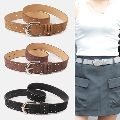 Vintage Women Faux Leather Belt With Studded Rivets Punk Style Suede Texture Pin Buckle Waist Strap For Jeans Dresses