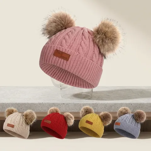 Kids Knitted Beanie Hat With Faux Fur Pom Poms Cable Knit Warm Winter Outdoor Cute For Baby Toddlers Soft Acrylic