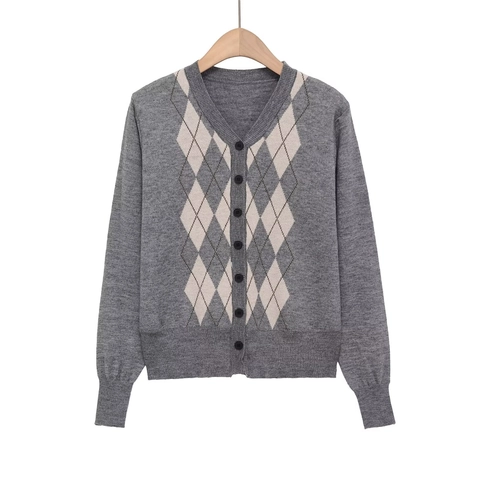 Women Argyle Knit Cardigan V-Neck Single Breasted Long Sleeve Grey Sweater Vintage Preppy Style Polyester Soft