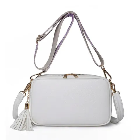 Women PU Leather Camera Bag Lychee Texture Large Capacity Double Zipper Shoulder Crossbody Bag With Tassel Wide Strap