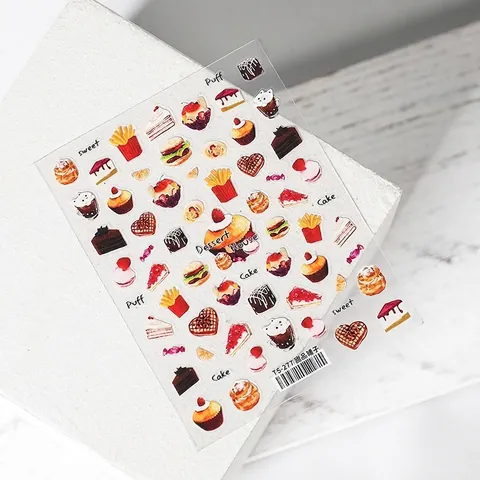Adesivi Per Unghie 5D Rilievo Autoadesivi Tema Dessert Torta Burger Caffè Decorazione Manicure Fai Da Te Sottile
