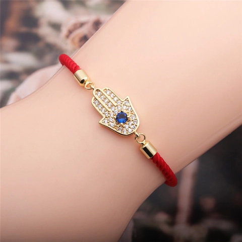 Böser Blick Hamsa Hand Armband Rotes Geflochtenes Seil Kupfer Mikro Eingelegter Zirkon Verstellbarer Schutzschmuck
