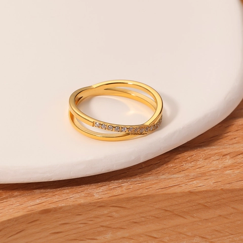 Stainless Steel Criss Cross Ring For Women Double Layer Micro Pave Zircon Slim Elegant Minimalist Jewelry