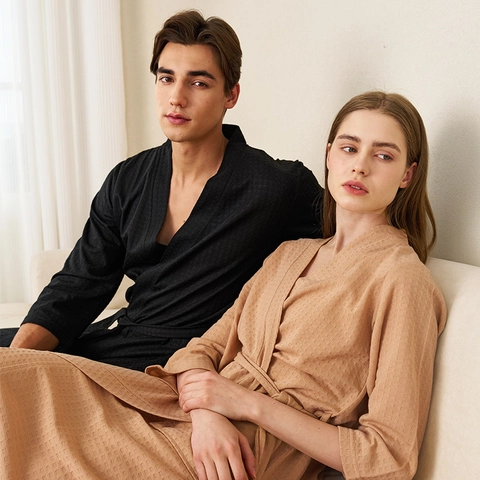 Waffle Weave Bathrobe Breathable Absorbent V-Neck Belted Nightgown Sleepwear For Men And Women Lightweight Home Robe