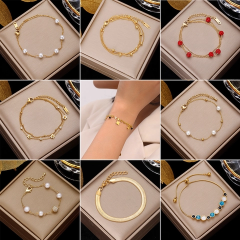 Pulsera De Acero Inoxidable Para Mujer Chapada En Oro Circonita Perla Artificial Corazón Estrella Mariposa Joyería De Moda Elegante