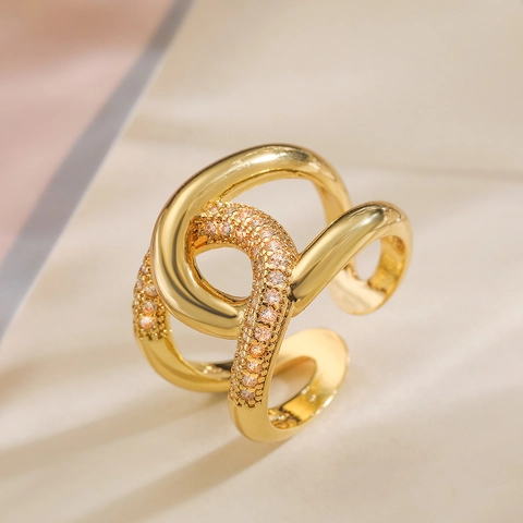 Geometrischer Verflochtener Wellen Ring Kupfer 18K Vergoldet Mikropave Zirkonia Verstellbarer Fingerschmuck Damen