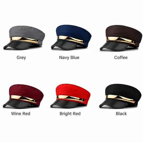 Boina de Estilo Militar Vintage para Mujer Ala de Cuero Sintético Barra de Metal Dorado Decoración M Gorra Newsboy Moda