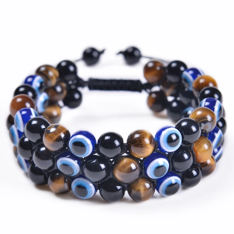 Tiger Eye Obsidian Evil Eye Braided Rope Bracelet Handmade Adjustable Gemstone Jewelry For Men And Women