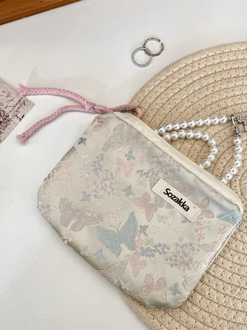 Beauty Case In Jacquard Con Farfalla Mini Pochette Portaoggetti Portatile Con Cerniera E Cordino Intrecciato Estetica Vintage