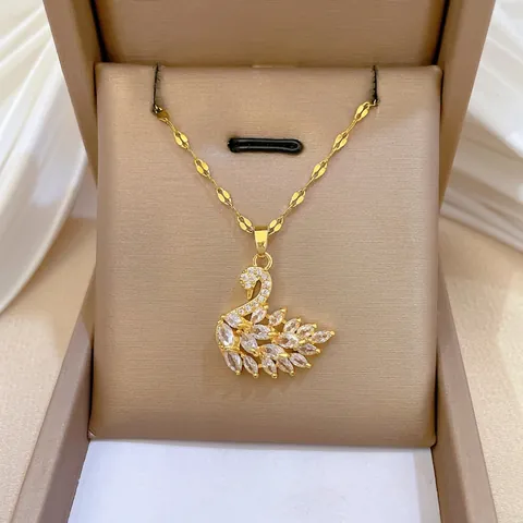 Collar Con Colgante De Cisne Cadena De Acero De Titanio Cobre Zirconia Color Dorado Joyería Elegante Para Mujer