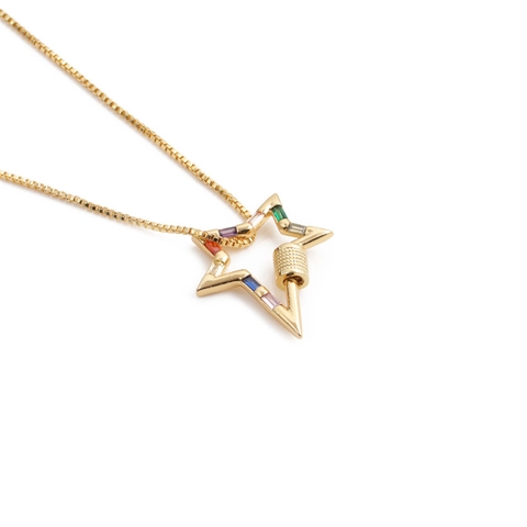 Bunter Zirkon Stern Herz Anhänger Halskette Kupfer Vergoldet Regenbogen Karabiner Schraubverschluss Box Kette Schmuck Damen
