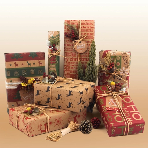 Papier Emballage Noël Kraft Rétro Pour Emballages Cadeaux Fêtes Motifs Renne Flocon Neige Feuilles Décoratives DIY
