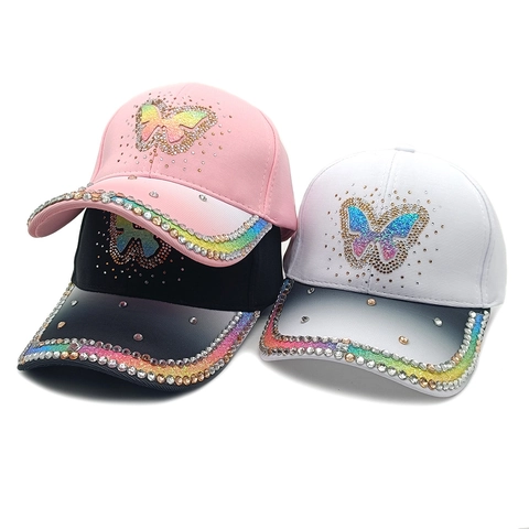 Women Rhinestone Butterfly Baseball Cap Polyester Gradient Glitter Brim Adjustable Outdoor Sun Hat Sparkly Fashionable