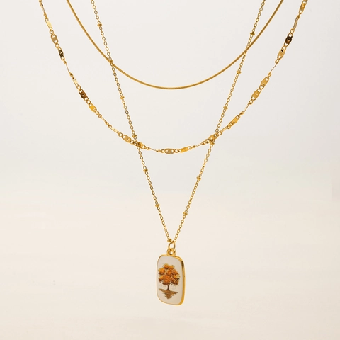 Collier Multi-Rangs Plaqué Or 18K Acier Inoxydable Pendentif Arbre De Vie Rectangulaire Imperméable Pour Femmes