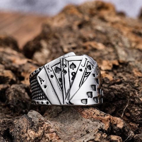 Bague Rétro En Acier Inoxydable Pour Hommes Cartes De Poker Royal Flush Punk Vintage Gothique Hip Hop Bijoux Accessoire