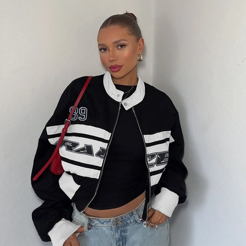 Damen Racing Jacke Color Block Buchstaben Druck Stehkragen Reißverschluss Langarm Streetwear Polyester Outwear