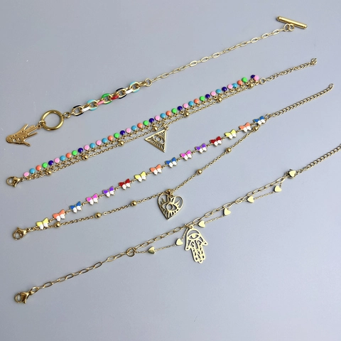 Bohemian Double Layer Bracelet 18K Gold Plated Stainless Steel Evil Eye Hamsa Hand Toggle Clasp Enamel Jewelry Women