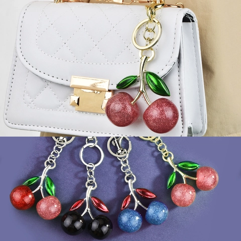 Fashion Glitter Cherry Keychain Alloy Fruit Bag Pendant Accessory For Women Handbag Decoration Car Key Ring Gift