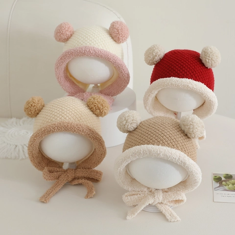 Cappello In Maglia Invernale Bambini Protezione Orecchie Fodera Sherpa Pompon Orecchie Orso Lacci Caldo Antivento Neonati