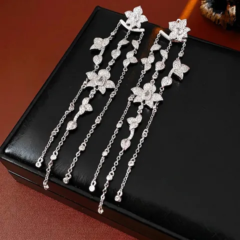 Bloem Blad Kwastje Hangende Oorbellen Koper Met Zirkonia En Zilveren Oorsteker Elegante Luxe Sieraden Voor Dames