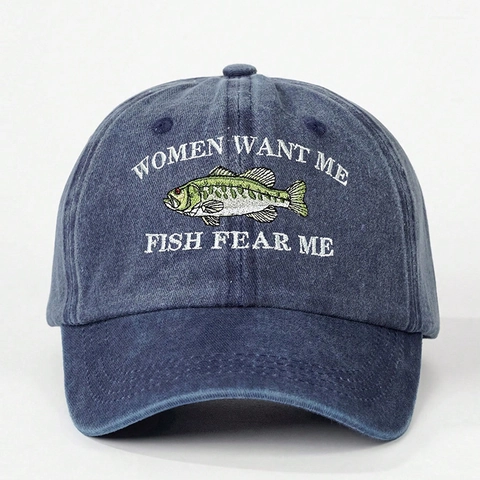 Women Want Me Fish Fear Me Bestickt Baseballkappe Lustige Angelmütze Für Damen Vintage Gewaschen Polyester Verstellbare Sonnenhut
