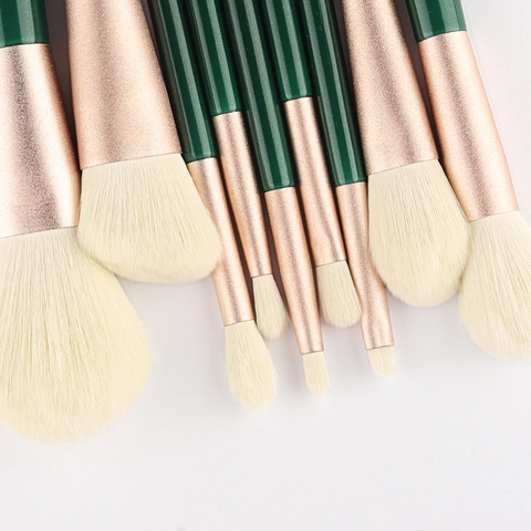 Professionelle Make-up-Pinsel Dunkelgrüner Holzgriff Weiße Synthetikfasern Roségoldene Zwinge Für Puder Lidschatten
