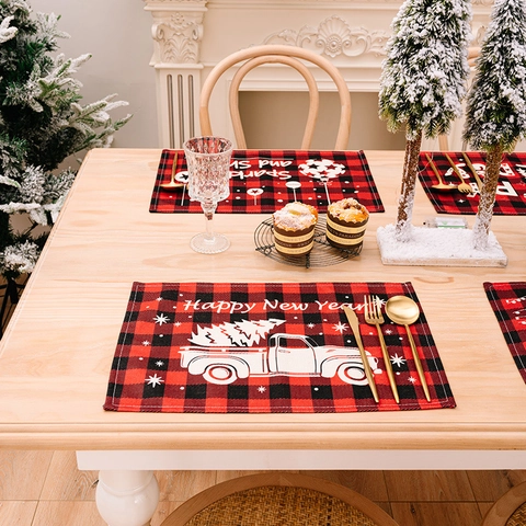 Set De Table Noël Rouge Noir Buffalo Plaid Carrelé Tissu Lin Décor Table Vacances Pour Salle À Manger Motif Renne Camion