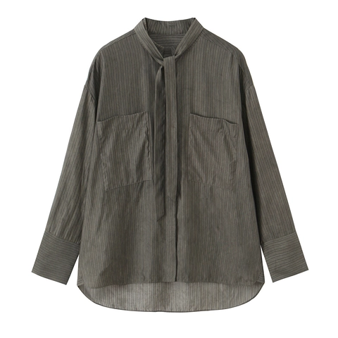 Women Striped Blouse Polyester Long Sleeve Tie Neck Double Pockets Casual Button Down Shirt