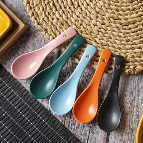 Ceramic Soup Spoon Colorful Candy Color Porcelain Spoons With Hanging Hole Nordic Style Home Kitchen Dessert Porridge Smooth Glaze