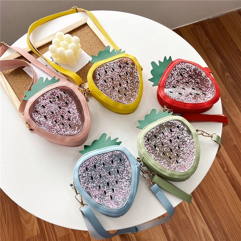 Bolso De Hombro De Fresa Para Niños Cuero PU PVC Transparente Lentejuelas Brillantes Forma Fruta Bolso De Niñas