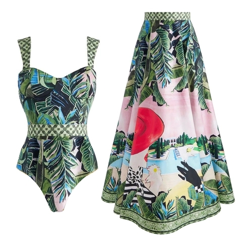 Costume Da Bagno Intero E Gonna Ad A Da Donna Stampa Foglie Di Palma Tropicali Vacanze Mare Nylon Lusso