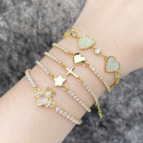 Women Adjustable Gold Plated Copper Bracelet Zircon Inlaid Heart Cross Star Bee Charm Fashion Jewelry