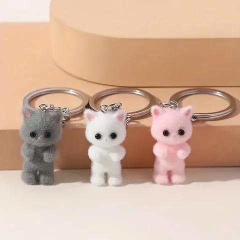 Simpatico Portachiavi Gatto Floccato 3D Resina Metallo Animale Fascino Borsa Ciondolo Morbida Consistenza Velluto Per Donne