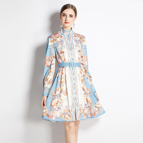 Vintage Floral Print Long Sleeve Midi Dress Elegant Stand Collar Button Down With Belt A-Line Satin Feel Women