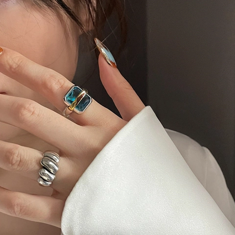 Anello Aperto Zaffiro Blu Sintetico Rame Retrò Strutturato Fascia Larga Bicolore Per Donna Stile Coreano Ins