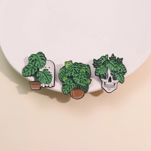 Broche en Émail Punk Crâne Fantôme Plante Monstera Feuille Alliage de Zinc Badge pour Sac à Dos Vêtements Broche Décorative Cadeau