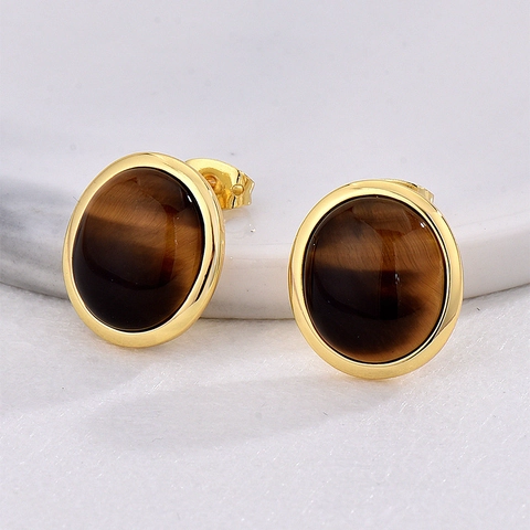 Pendientes De Botón Ojo De Tigre Con Poste De Plata De Ley 925 Cobre Chapado En Oro Estilo Retro Para Mujeres