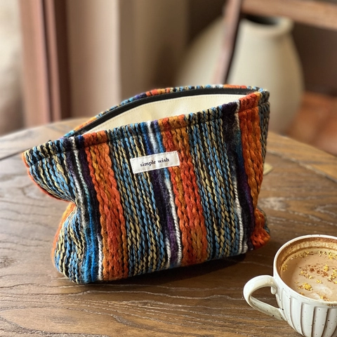 Bohemian Striped Woven Cosmetic Bag Cotton Jacquard Clutch Handbag With Canvas Lining Retro Ethnic Toiletry Pouch Women