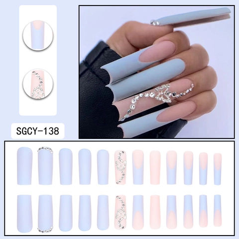 Unghie Finte Lunghe A Bara Blu Nude Patchwork Francesi Con Farfalla Di Strass Lusso Elegante Per Donna