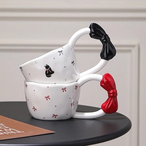 Tazza In Ceramica Creativa Con Manico A Fiocco Scolpito Grande Orecchio Cartoni Animati Per Caffè Tè Regalo